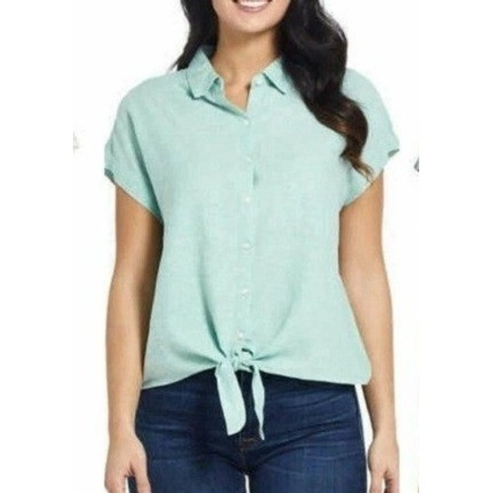 Weatherproof Vintage Button Down Light Aqua‎ Washable Linen Front Tie Top Large